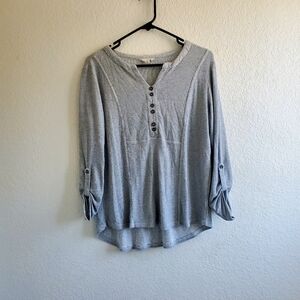 Jane and Delancey M TabRoll Sleeve Top Gray Faux Button V-Neck Lightweight
